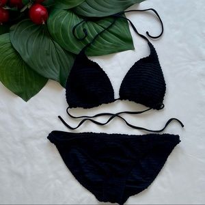 Ralph Lauren Black String Bikini w/Ruffle Fabric & Padded Cups L
